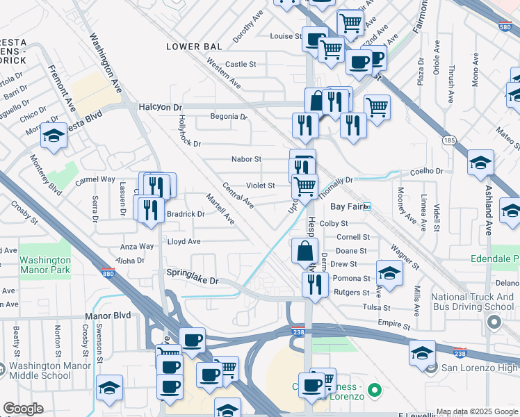 map of restaurants, bars, coffee shops, grocery stores, and more near 15293 Central Avenue in San Leandro
