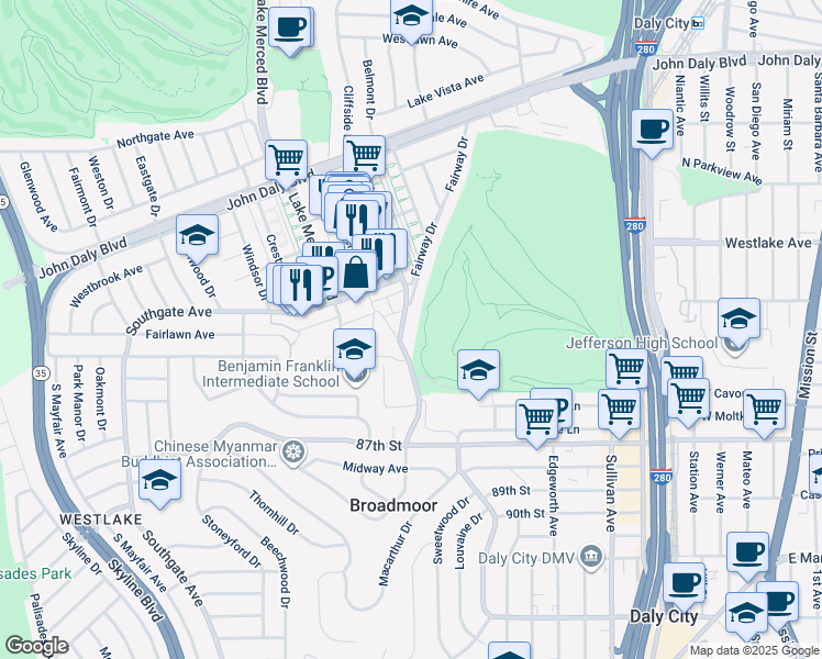 map of restaurants, bars, coffee shops, grocery stores, and more near 355 Park Plaza Drive in Daly City