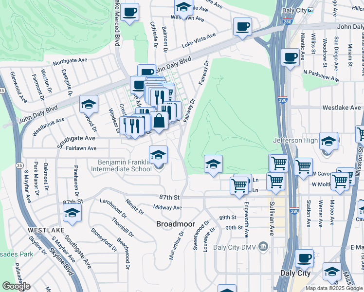 map of restaurants, bars, coffee shops, grocery stores, and more near 355 Park Plaza Drive in Daly City