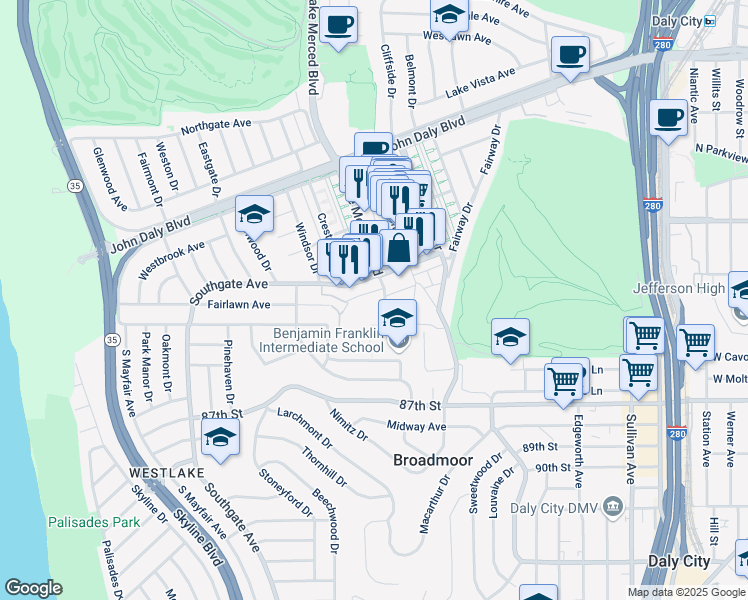 map of restaurants, bars, coffee shops, grocery stores, and more near 200 Coronado Avenue in Daly City