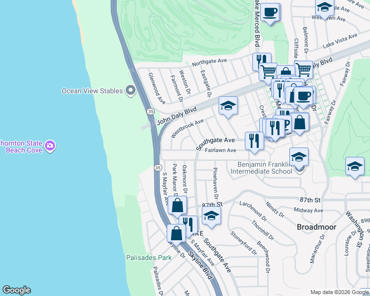 map of restaurants, bars, coffee shops, grocery stores, and more near 205 Fairlawn Avenue in Daly City