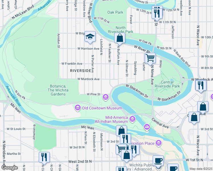 map of restaurants, bars, coffee shops, grocery stores, and more near 714 Litchfield North in Wichita