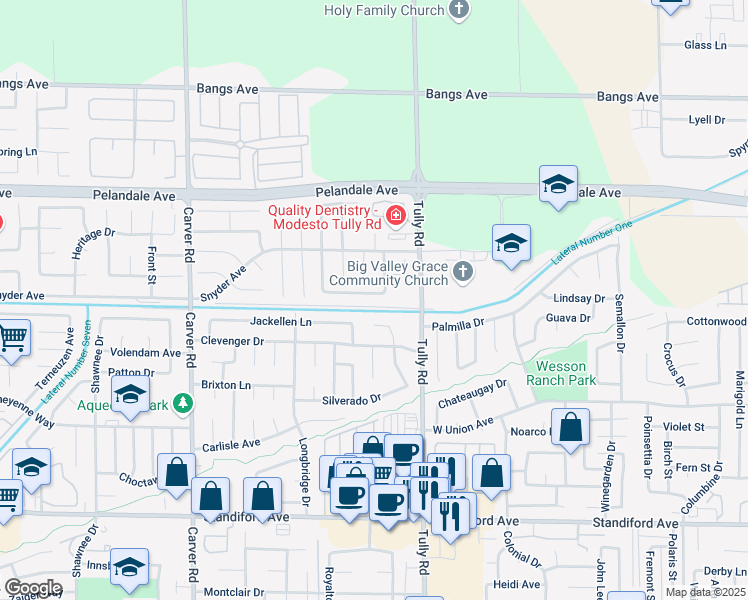 map of restaurants, bars, coffee shops, grocery stores, and more near 1308 Blakely Lane in Modesto