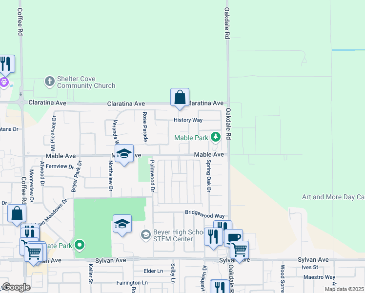 map of restaurants, bars, coffee shops, grocery stores, and more near 4004 Masterpiece Drive in Modesto