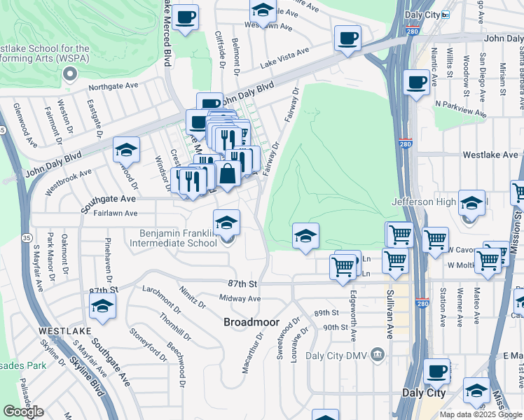 map of restaurants, bars, coffee shops, grocery stores, and more near 333 South Park Plaza Drive in Daly City