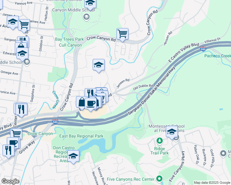 map of restaurants, bars, coffee shops, grocery stores, and more near East Castro Valley Boulevard & Jensen Road in Castro Valley