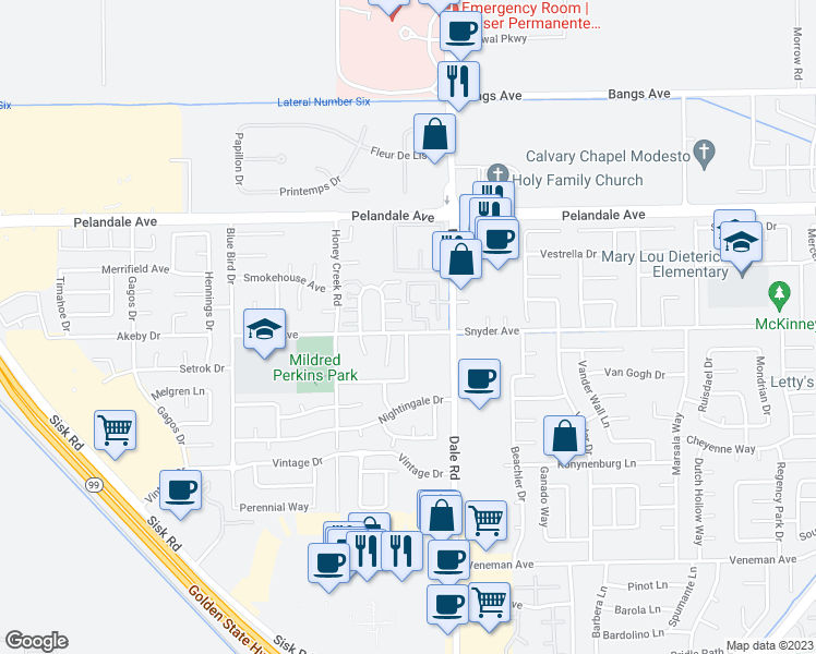 map of restaurants, bars, coffee shops, grocery stores, and more near 4041 Dale Road in Modesto