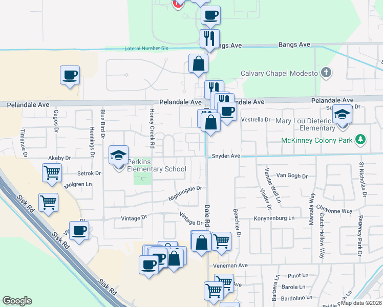 map of restaurants, bars, coffee shops, grocery stores, and more near 3020 Snyder Avenue in Modesto
