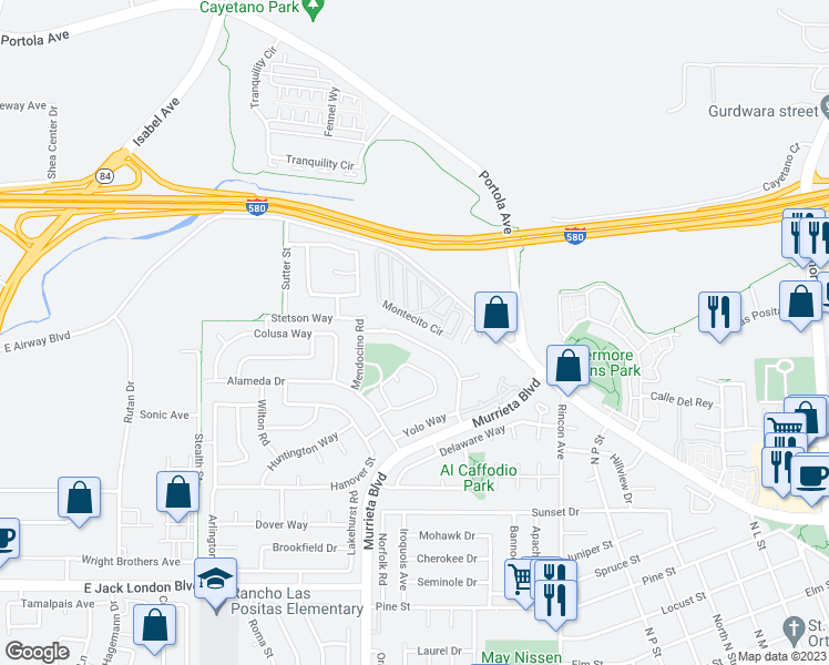 map of restaurants, bars, coffee shops, grocery stores, and more near 804 Del Norte Drive in Livermore