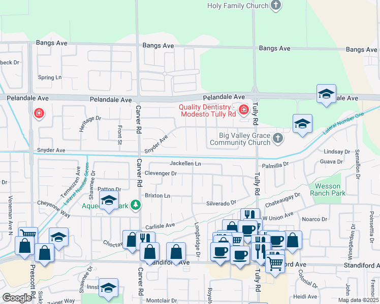 map of restaurants, bars, coffee shops, grocery stores, and more near 4000 Moss Rock Court in Modesto