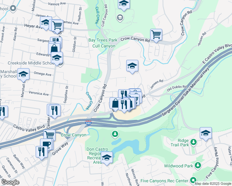 map of restaurants, bars, coffee shops, grocery stores, and more near 21297 Justco Lane in Castro Valley