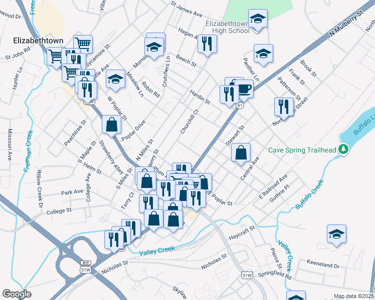 map of restaurants, bars, coffee shops, grocery stores, and more near 214 Elizabeth Street in Elizabethtown