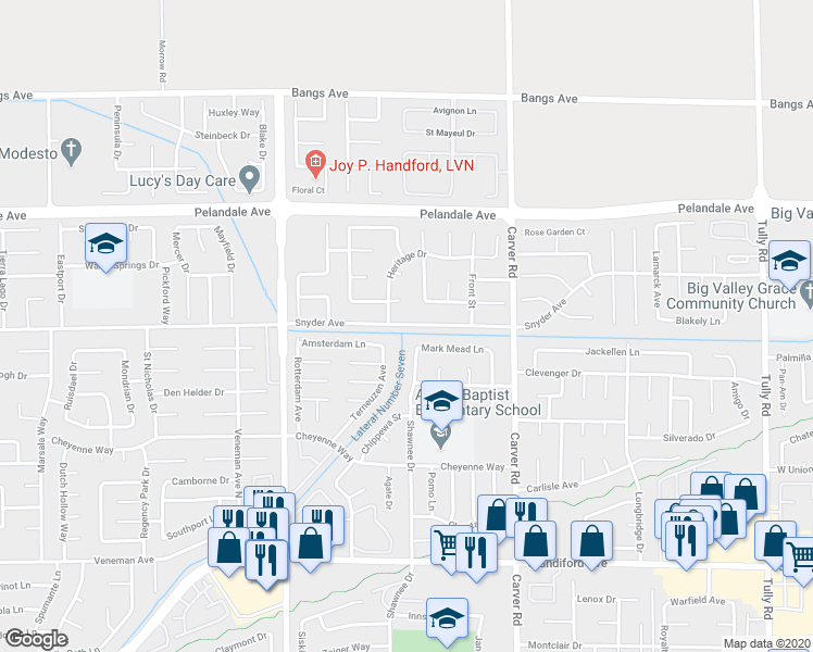 map of restaurants, bars, coffee shops, grocery stores, and more near 1849 Snyder Avenue in Modesto