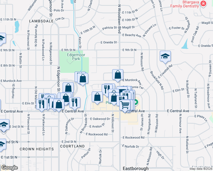 map of restaurants, bars, coffee shops, grocery stores, and more near 555 N Woodlawn Suite 3105 in Wichita