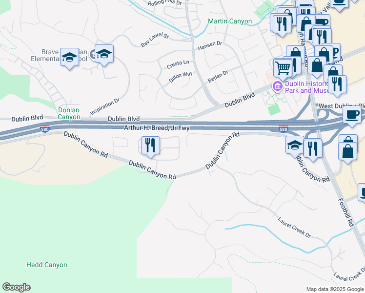 map of restaurants, bars, coffee shops, grocery stores, and more near 7615 Canyon Meadows Circle in Pleasanton