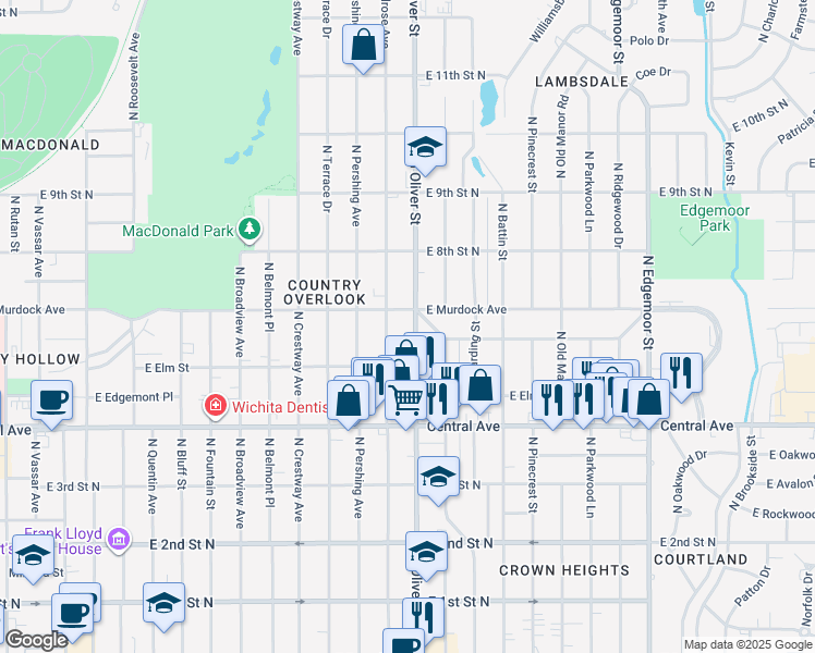 map of restaurants, bars, coffee shops, grocery stores, and more near 619 North Oliver Street in Wichita