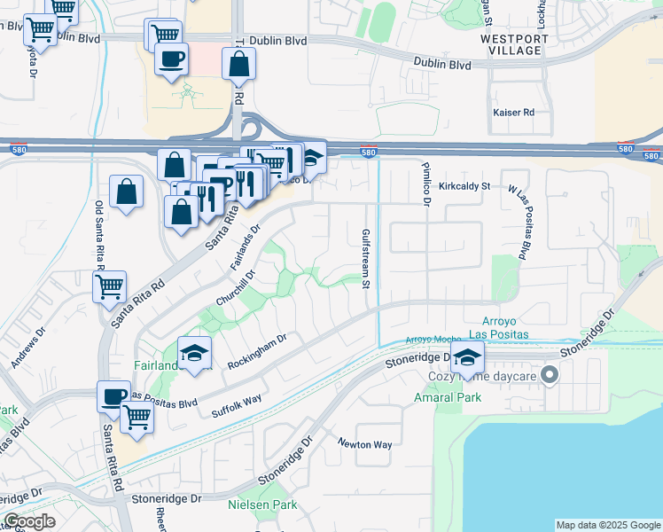 map of restaurants, bars, coffee shops, grocery stores, and more near 3758 Oak Brook Court in Pleasanton