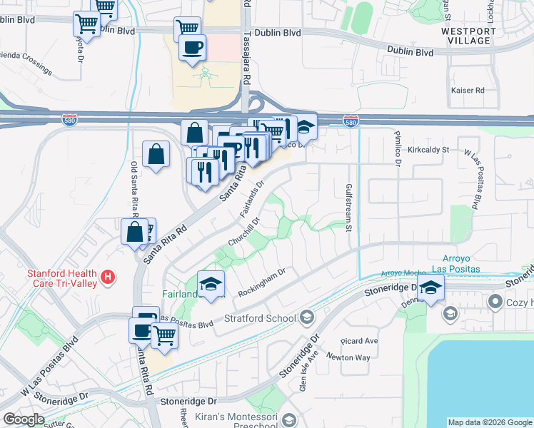 map of restaurants, bars, coffee shops, grocery stores, and more near 3429 Beecham Court in Pleasanton