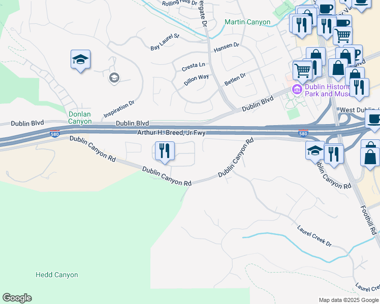 map of restaurants, bars, coffee shops, grocery stores, and more near 7595 Canyon Meadows Circle in Pleasanton