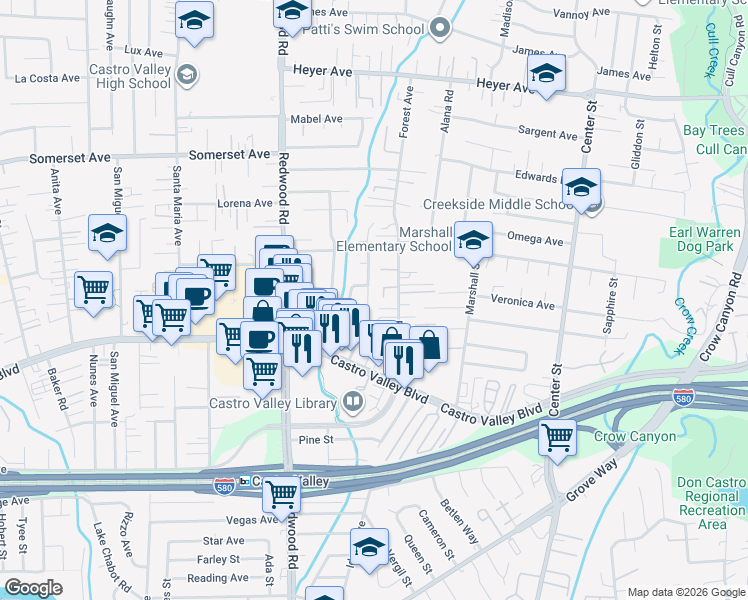 map of restaurants, bars, coffee shops, grocery stores, and more near 20545 Forest Avenue in Castro Valley