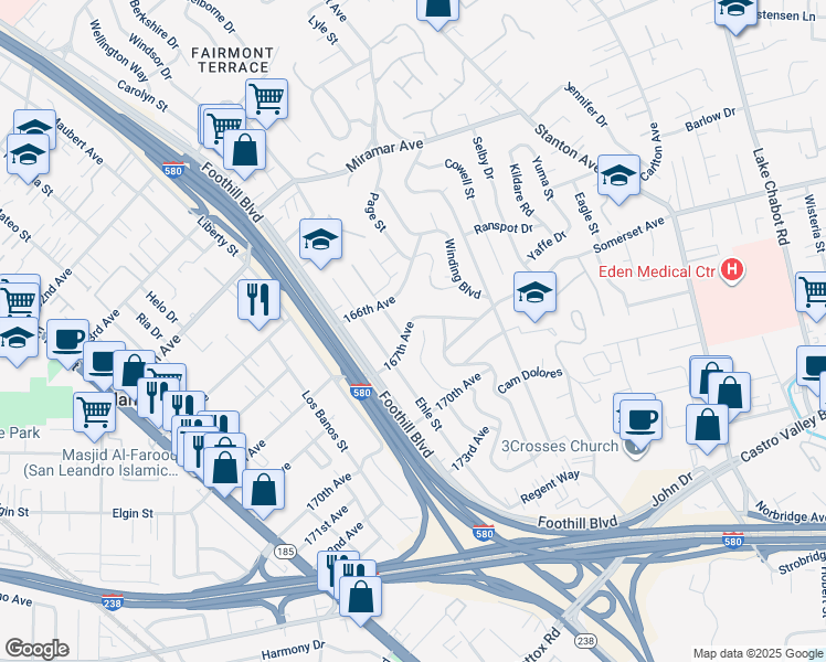 map of restaurants, bars, coffee shops, grocery stores, and more near 16840 Robey Drive in San Leandro
