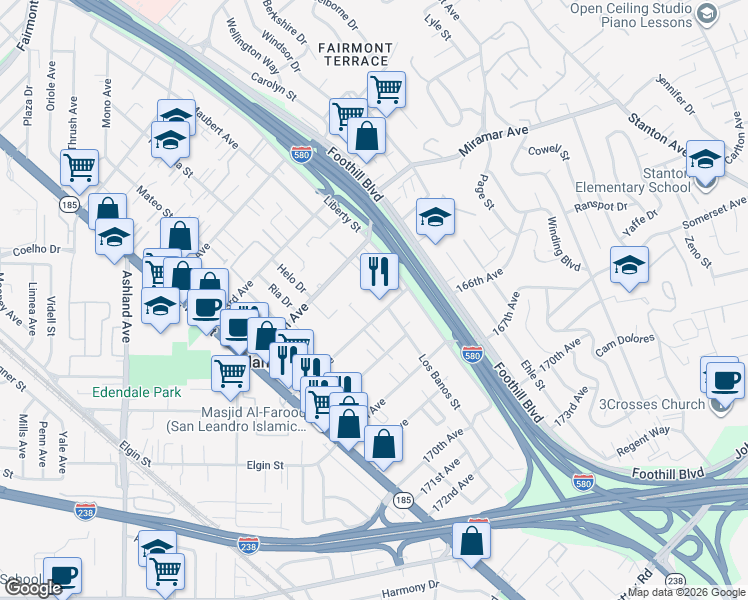 map of restaurants, bars, coffee shops, grocery stores, and more near 1575 165th Avenue in San Leandro