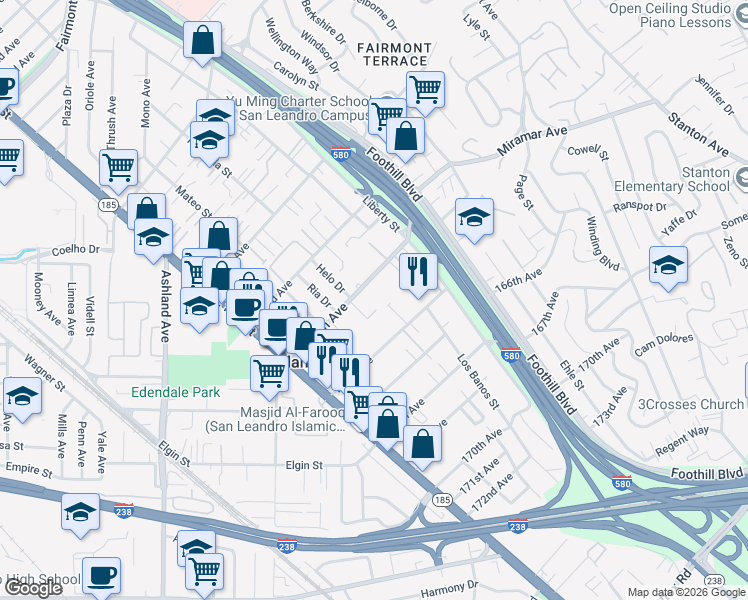 map of restaurants, bars, coffee shops, grocery stores, and more near 1520 164th Avenue in San Leandro