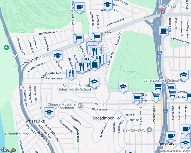 map of restaurants, bars, coffee shops, grocery stores, and more near 655 Lake Merced Boulevard in Daly City