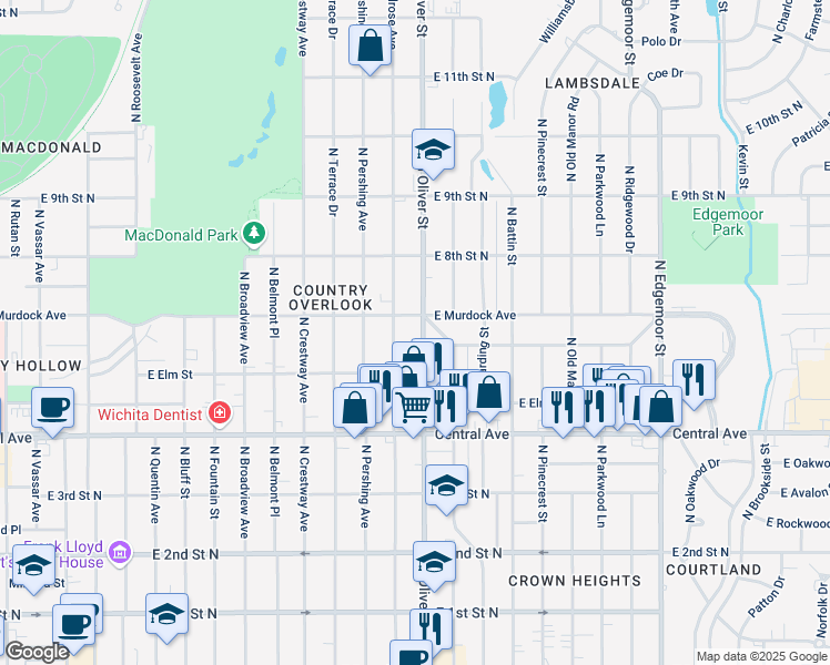 map of restaurants, bars, coffee shops, grocery stores, and more near 619 North Oliver Street in Wichita