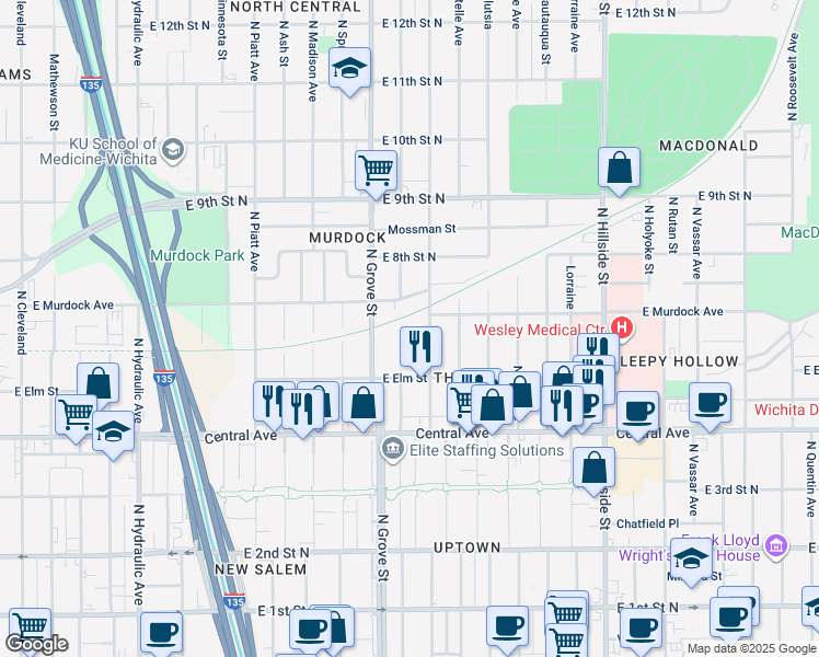 map of restaurants, bars, coffee shops, grocery stores, and more near 640 North Poplar Street in Wichita