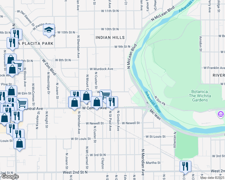 map of restaurants, bars, coffee shops, grocery stores, and more near 742 N St Paul St in Wichita