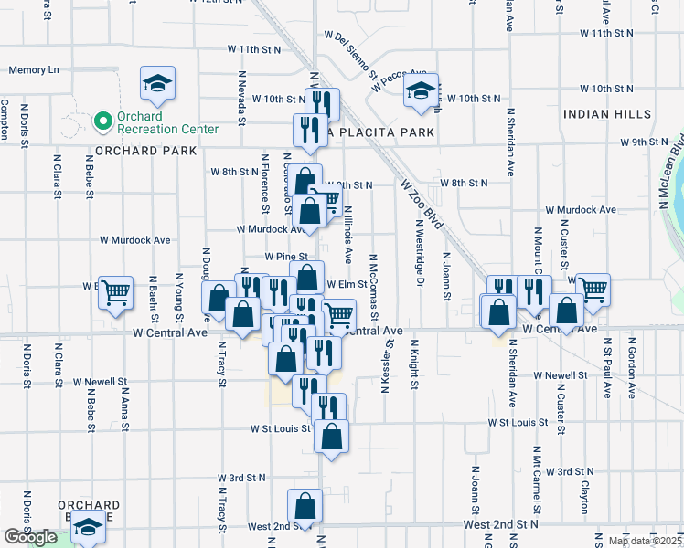 map of restaurants, bars, coffee shops, grocery stores, and more near 762 North West Street in Wichita
