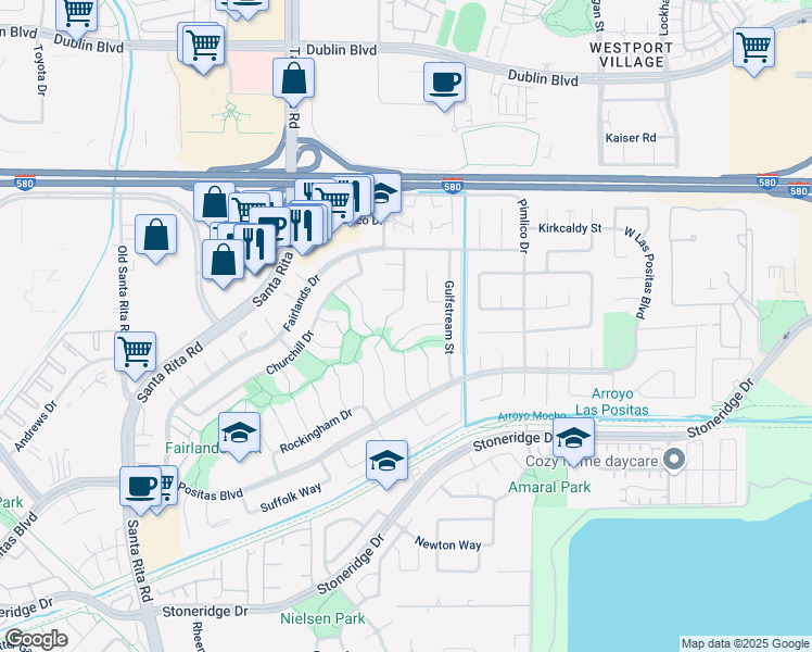 map of restaurants, bars, coffee shops, grocery stores, and more near 3758 Oak Brook Court in Pleasanton