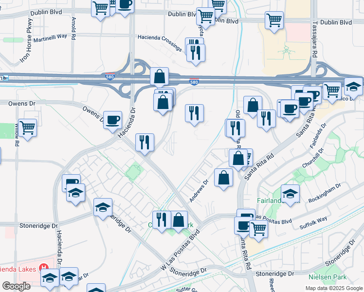 map of restaurants, bars, coffee shops, grocery stores, and more near 4450 Rosewood Drive in Pleasanton