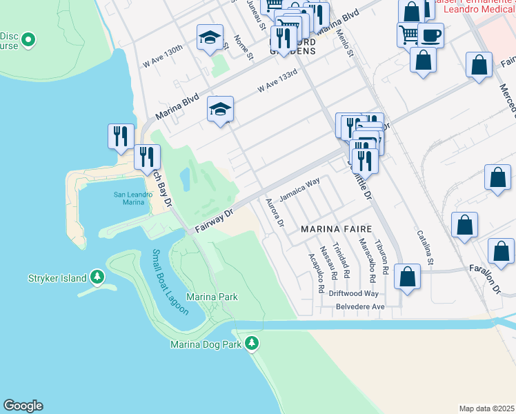 map of restaurants, bars, coffee shops, grocery stores, and more near 13731 Seagate Drive in San Leandro