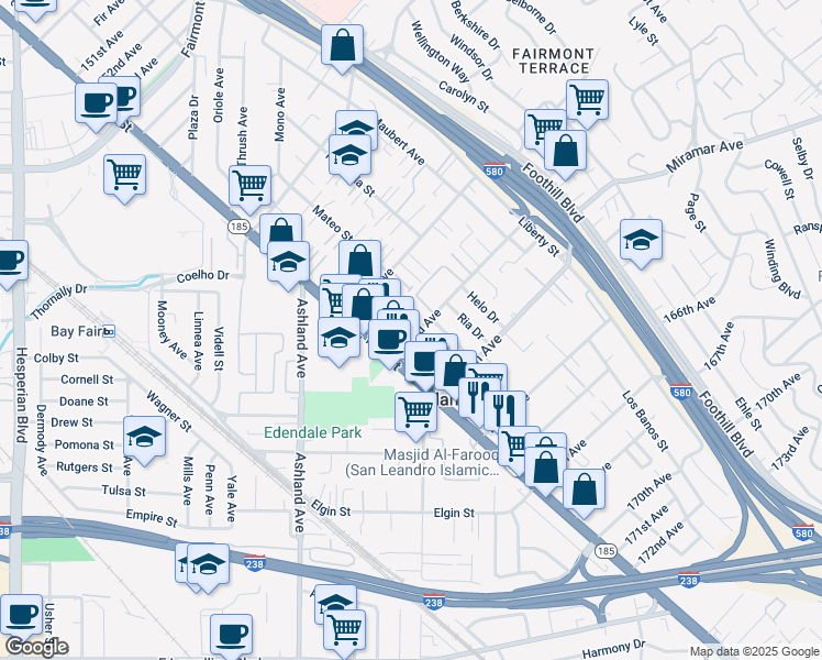 map of restaurants, bars, coffee shops, grocery stores, and more near 1435 163rd Avenue in San Leandro