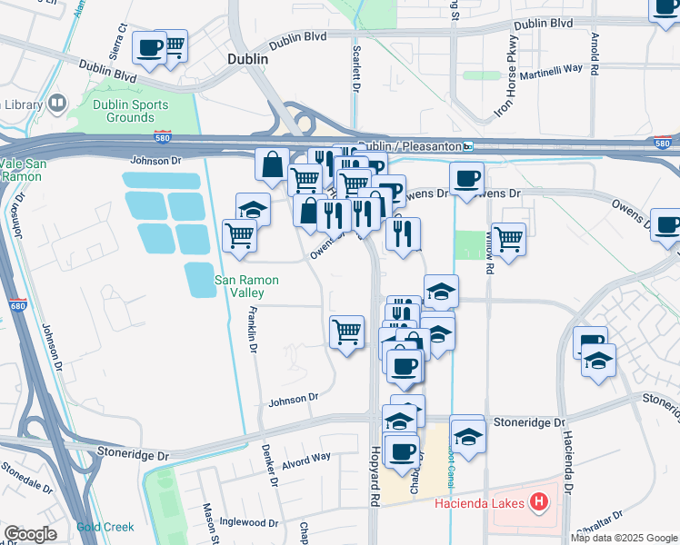 map of restaurants, bars, coffee shops, grocery stores, and more near 5050 Hopyard Road in Pleasanton