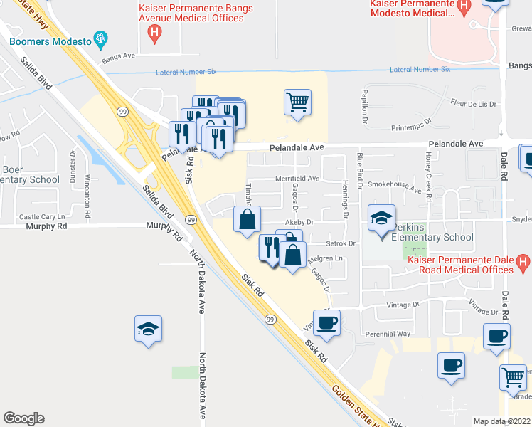 map of restaurants, bars, coffee shops, grocery stores, and more near 3705 Akeby Drive in Modesto