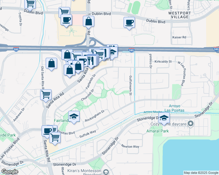 map of restaurants, bars, coffee shops, grocery stores, and more near 3431 Windsor Court in Pleasanton