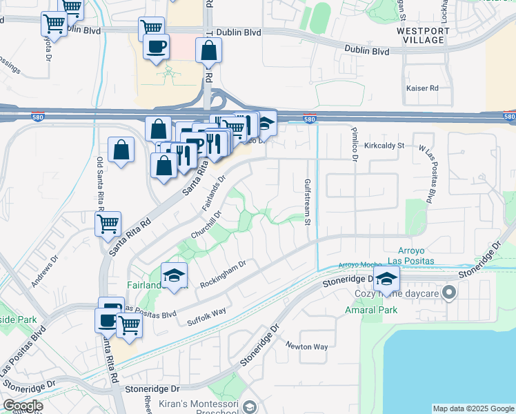 map of restaurants, bars, coffee shops, grocery stores, and more near 3431 Windsor Court in Pleasanton