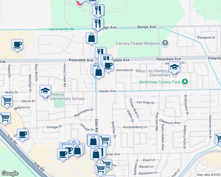 map of restaurants, bars, coffee shops, grocery stores, and more near 2917 Snyder Avenue in Modesto