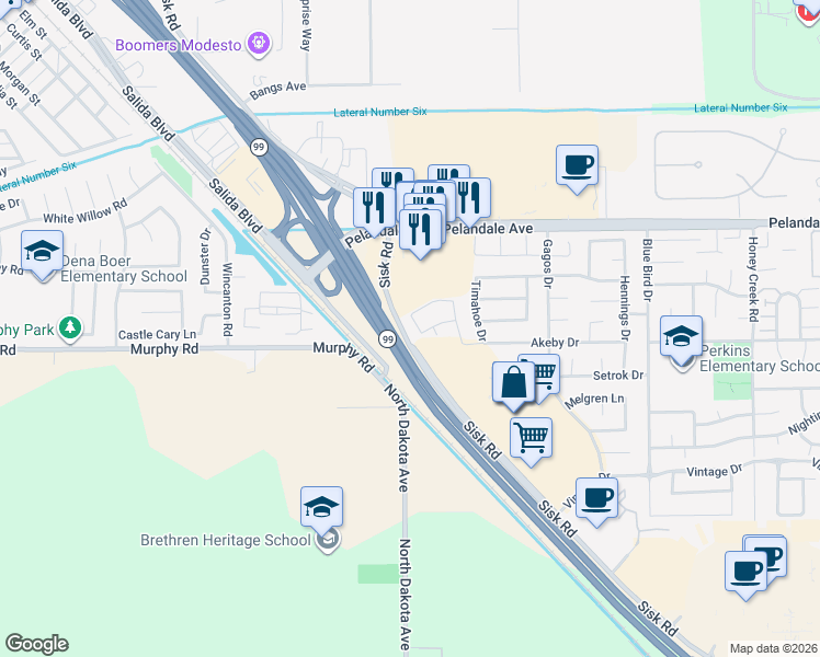 map of restaurants, bars, coffee shops, grocery stores, and more near 4009 Wareham Way in Modesto