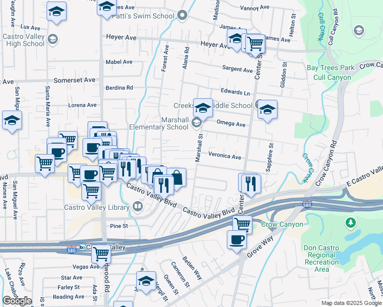 map of restaurants, bars, coffee shops, grocery stores, and more near 4095 Robin Lane in Castro Valley