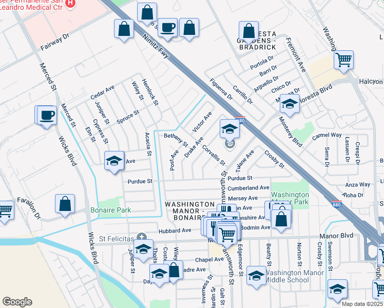 map of restaurants, bars, coffee shops, grocery stores, and more near 1338 Esser Avenue in San Leandro