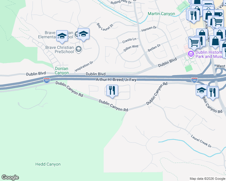 map of restaurants, bars, coffee shops, grocery stores, and more near 8145 Mountain View Drive in Pleasanton