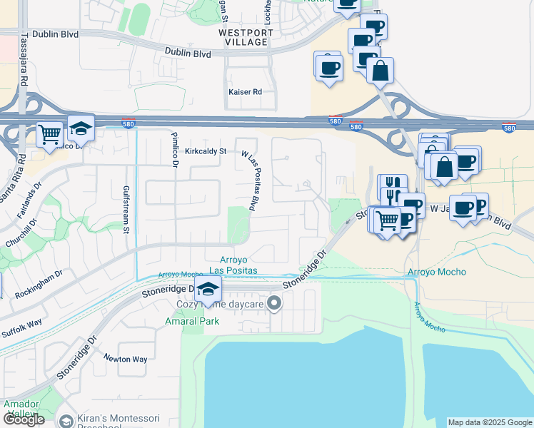 map of restaurants, bars, coffee shops, grocery stores, and more near 3067 Staples Ranch Drive in Pleasanton