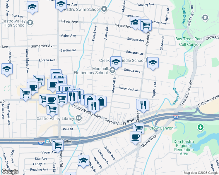 map of restaurants, bars, coffee shops, grocery stores, and more near 4095 Robin Lane in Castro Valley