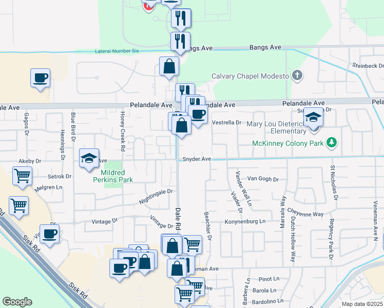 map of restaurants, bars, coffee shops, grocery stores, and more near 2917 Snyder Avenue in Modesto