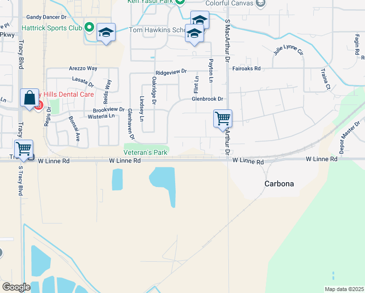 map of restaurants, bars, coffee shops, grocery stores, and more near 9310 Lorraine Road in Tracy