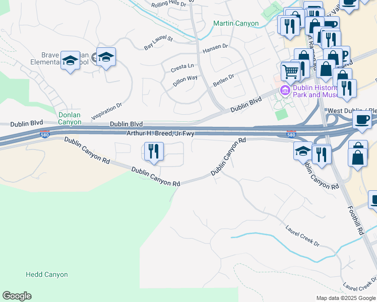 map of restaurants, bars, coffee shops, grocery stores, and more near 7595 Canyon Meadows Circle in Pleasanton